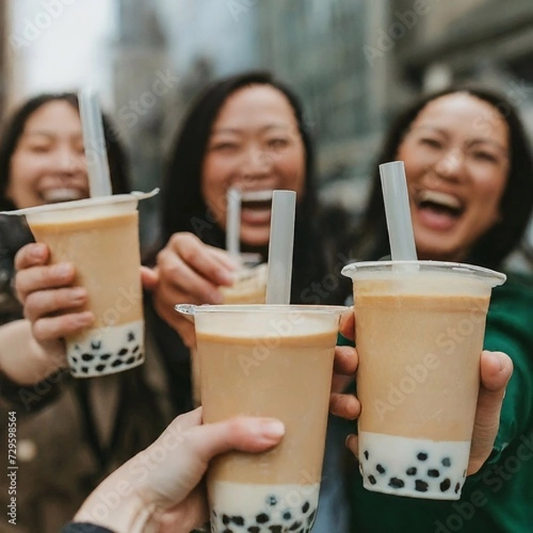 Obraz Woman drinking Boba milk tea