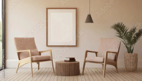 Fototapeta lounge chair and wood stump side table with empty blank mock up frame, Rustic minimalist home interior