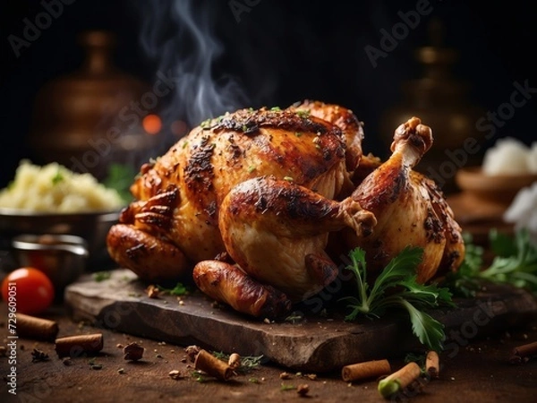 Fototapeta A whole Tandoori fried chicken on a wooden board with spices decorated around on table