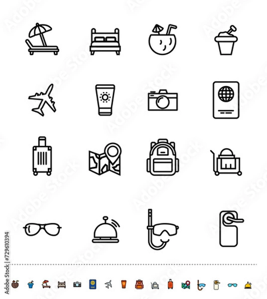 Fototapeta Set of vector linear and color icons. Travel.