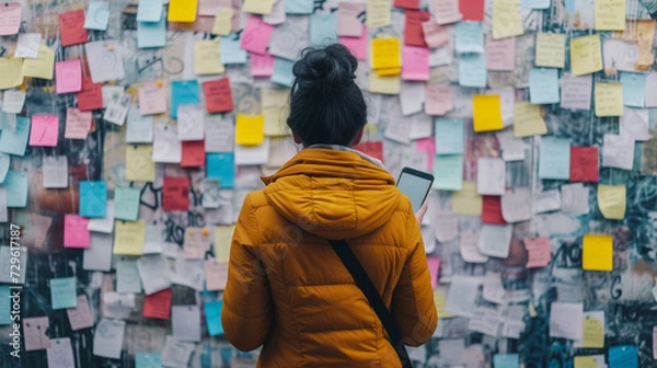 Fototapeta Eine Frau steht vor einer Wand voller Post it zettel und hält ein Handy oder Smartphone in der Hand es sind wohl viele Aufgaben