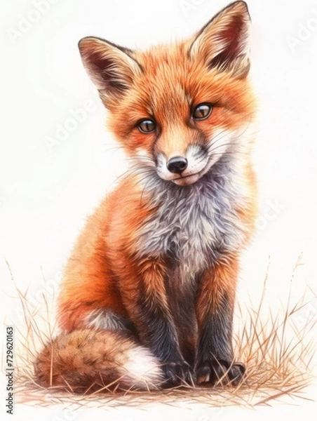 Fototapeta Colored pencil illustration featuring a lovable a fox, with a white background for isolation.