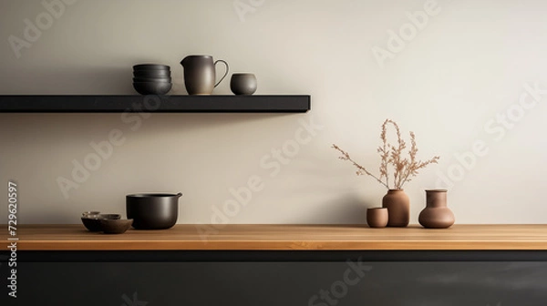 Fototapeta Nordic interior design of living room, minimalistic and bright design in brown pastel tones and black bowls