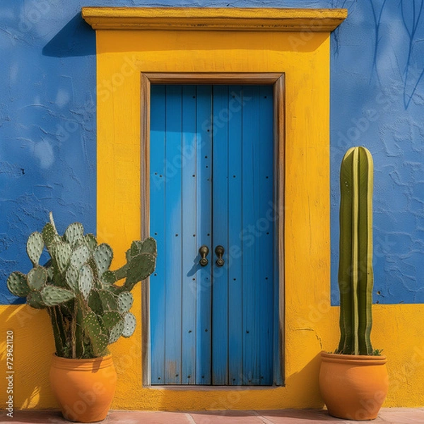 Fototapeta Colorful Traditional Door with Cactus in a Sunny Destination