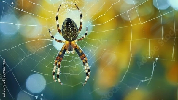 Fototapeta  a close up of a spider on it's web in the center of a spider's web, with a blurry background of yellow and green leaves.