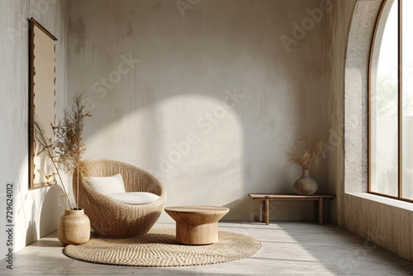 Fototapeta Beige Color Minimalist Scandinavian Interior Home Office Room Plants in Vase, Home Workstation Chair and Desk Couch Sofa Sunlight from window
