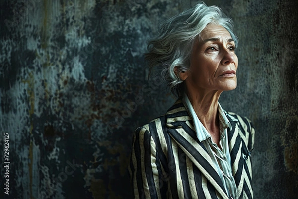 Fototapeta portrait of an older woman with gray hair, looking out of a window into the light.