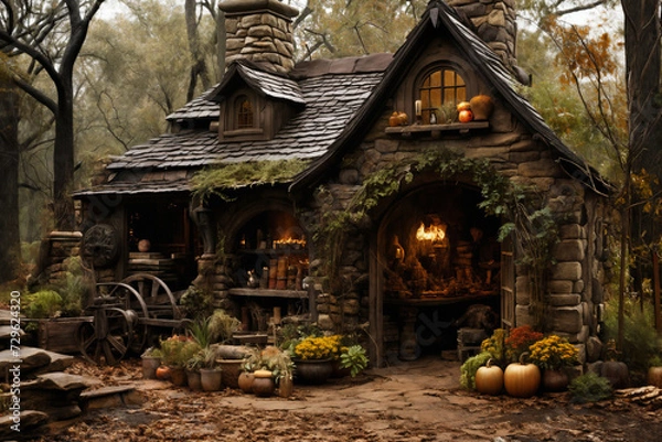 Obraz an old hut or barn made of stone against the background of beautiful autumn nature, cozy, decorated with flowers and vintage things