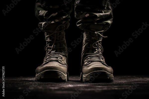 Fototapeta Contour of military boots on black background front view