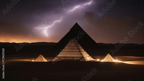 Fototapeta pyramid in the night A cosmic dance of forces, where the pyramid and lightning are partners. The pyramid is brown and ancient 