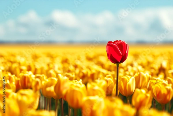 Fototapeta Solitary red tulip standing out in a sea of yellow. Symbolizing the idea of being different and standing up from the crowd. Concept of individuality and contrast.