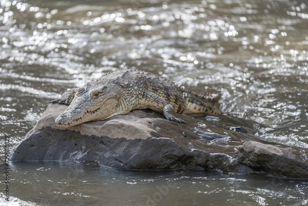 Fototapeta Alligators resting on rocks in the river at Awash Falls in Afar, Northern Ethiopia