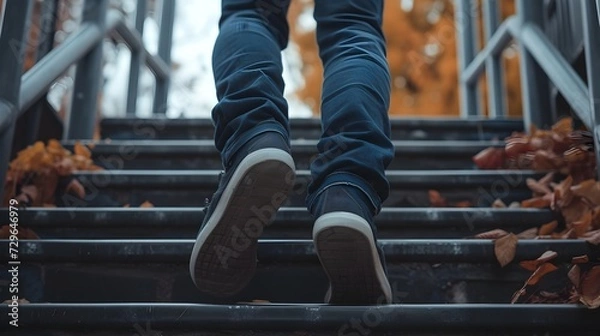 Obraz Ascending Endlessly: Person Climbing Staircase in Ultra-Realistic 8K | Captured with DSLR Zoom Lens, Symbolizing Endless Struggle and Perseverance in Overcoming the Uphill Battle