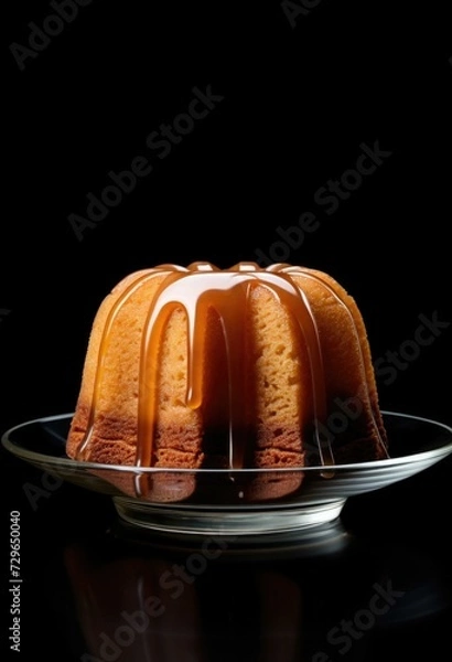 Fototapeta A bundt cake with caramel drizzle on a black background. Generative AI.