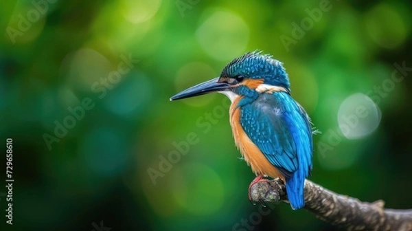 Fototapeta Adorable colorful bright kingfisher with blue feathers sitting on thin branch against green background in nature