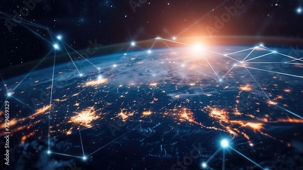 Fototapeta Communication technology with global internet network connected around the world. Telecommunication and data transfer international connection links. IoT, finance, business, blockchain, security.