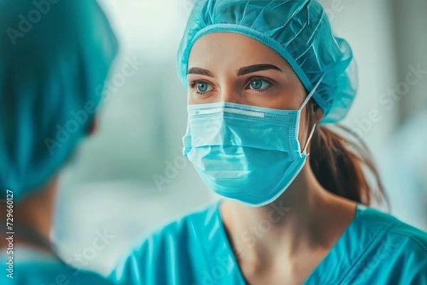 Fototapeta A doctor in a cap and mask talks to nurse against the background of a bright hospital room