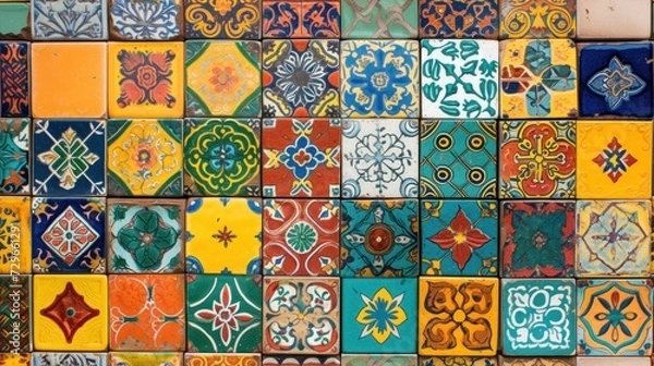 Fototapeta  a close up of a wall made up of many different colors and shapes of different shapes and sizes of different shapes and sizes of tiles on each side of the wall.