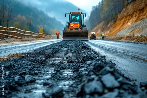 Fototapeta Bulldozer Driving Down Mountain Road, laying new asphalt pavement