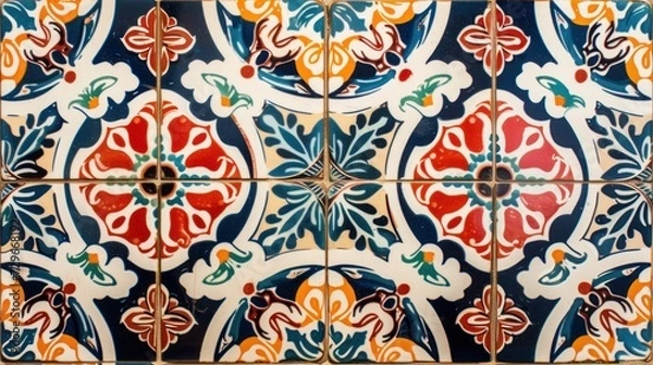 Fototapeta  a close up of a blue and orange tile with a flower design on the bottom of the tile and a flower design on the top of the tiles on the bottom of the tiles.