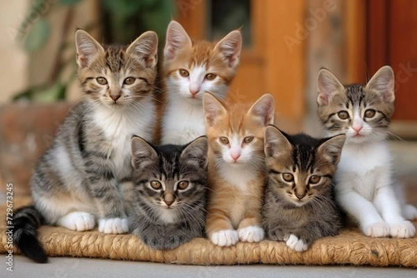 Fototapeta A captivating scene unfolds as a group of adorable kittens find solace and camaraderie, perched atop a vibrant mat.