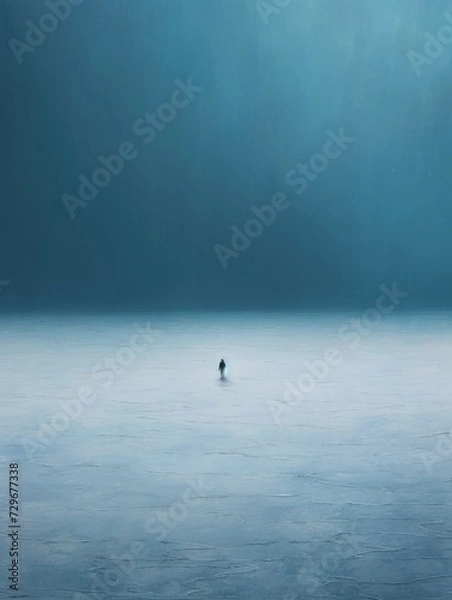 Fototapeta blue empty space. a small figure of a man in the distance. loneliness, depression and mental health. to be alone, solo.
