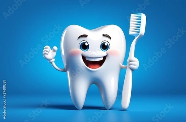 Fototapeta Smiling 3D cartoon tooth with toothbrush in his hands. White healthy tooth on blue background
