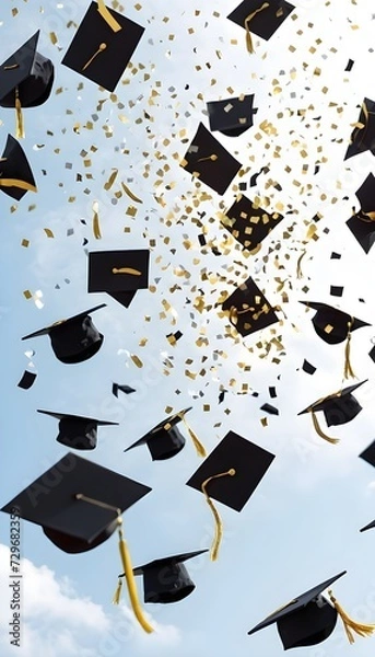 Fototapeta Graduation cap floating in the sky with confetti. Flying graduation caps on the air with golden confetti for graduates colleges party