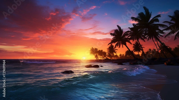 Obraz Beautiful Caribbean colorful sunset scenery on realistic sea beach background Image