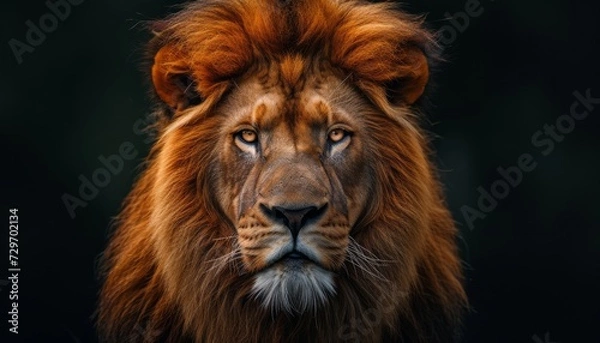 Fototapeta Portrait of a male lion on a black background. Close-up