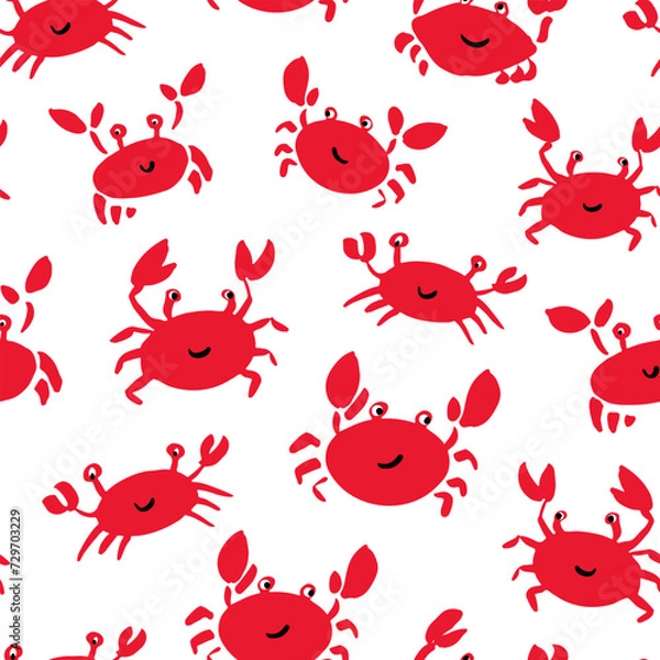 Obraz Seamless vector repeat pattern with happy crabs with cute faces on white background. Coastal, swim, poolside, crab seafood restaurant backdrop