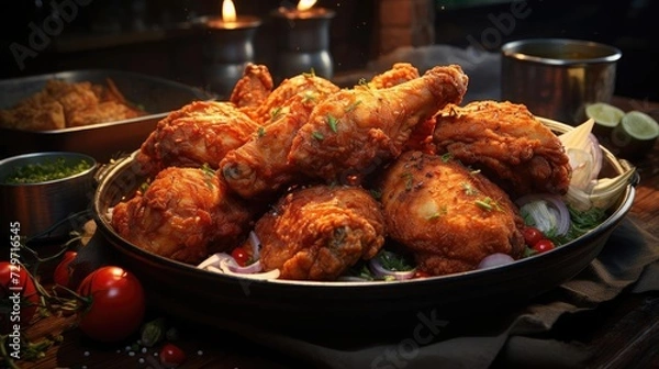 Fototapeta Delicious fried chicken with sweet and sour sauce on a wooden table with a blurred background