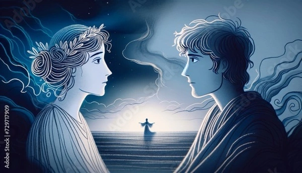 Fototapeta A whimsical, animated art style image capturing a simple drawing of the moment Orpheus and Eurydice look at each other for the last time.