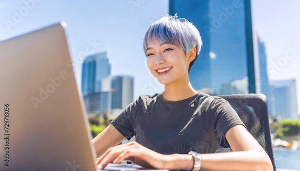 Fototapeta beautiful Asian woman with short pixie haircut in casual tee working at rooftop office, 16:9 widescreen image