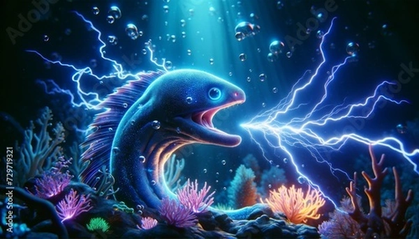 Fototapeta A whimsical animated electric eel generating lightning in a deep, dark underwater scene.