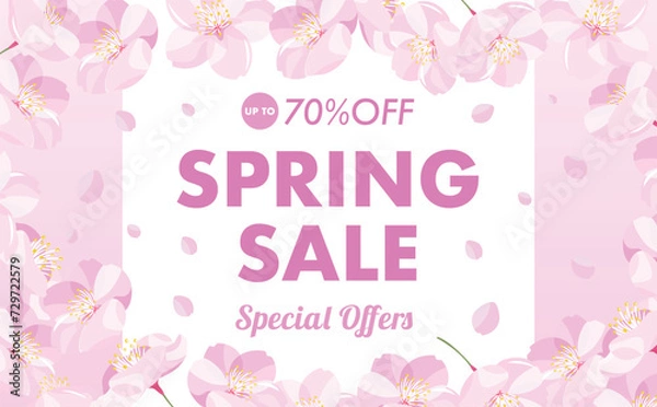 Fototapeta 背景やタイトルに使えるシンプルな満開の桜吹雪と花びらのコピースペースのあるピンクグラデーションの春フレーム