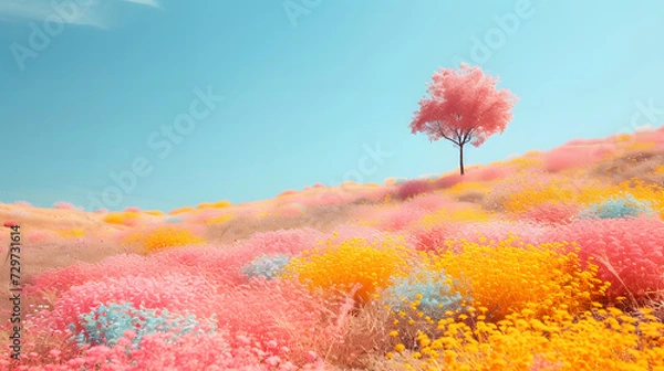 Fototapeta 3D render of a tree on a cliff in a foggy forest,A Serene Bloom: A Colorful Landscape of Spring Flowers Under the Blue Sky