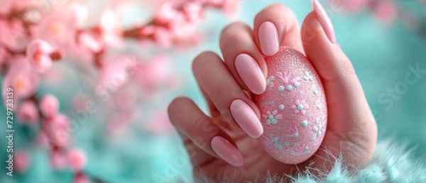 Obraz Woman's nails with beautiful manicure in Easter style with flowers and decorated egg. AI generated