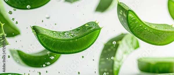 Obraz Aloe vera slices with water drops on white background, banner. AI generated