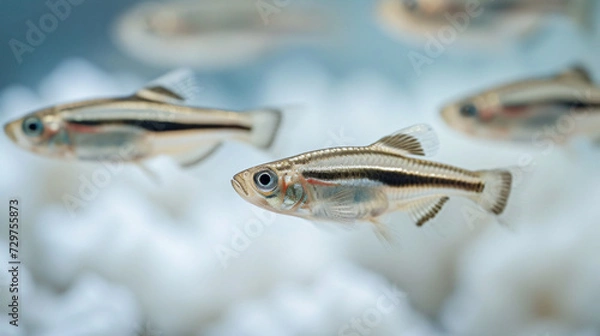 Fototapeta A group of zebra danios, with their stripes racing across.