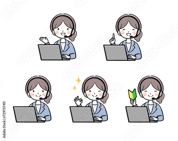 Fototapeta ヘッドセットをつけてパソコンを使う女性オペレーターの表情違いセット