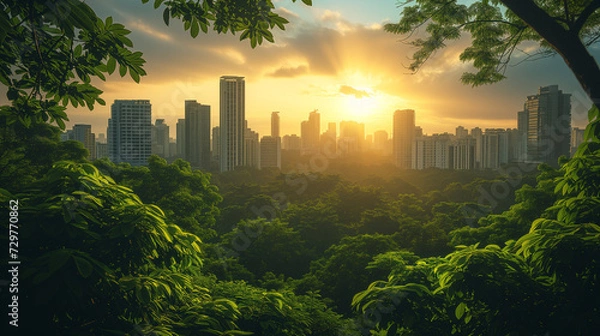 Fototapeta The setting sun casts a golden glow over a cityscape embraced by a lush canopy of trees, exemplifying a balance between urban development and natural landscapes.
