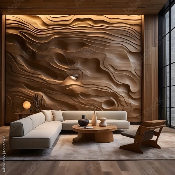 Obraz a retreat where sculptural wooden elements take center stage. Picture wooden accent walls, furniture with clean lines, and artistic wooden installations