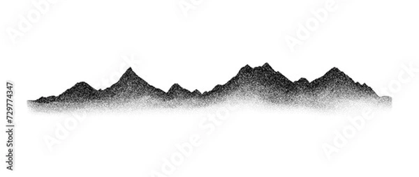 Fototapeta Grain stippled mountain range. Dotted landscape terrain silhouette. Black white grainy hill chain. Grunge noise mountain peak background. Dot work texture wallpaper. Vector scenery illustration