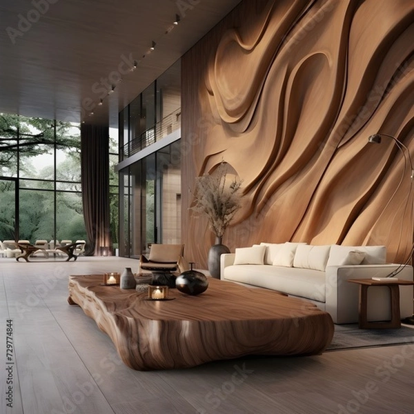 Obraz a retreat where sculptural wooden elements take center stage. Picture wooden accent walls, furniture with clean lines, and artistic wooden installations