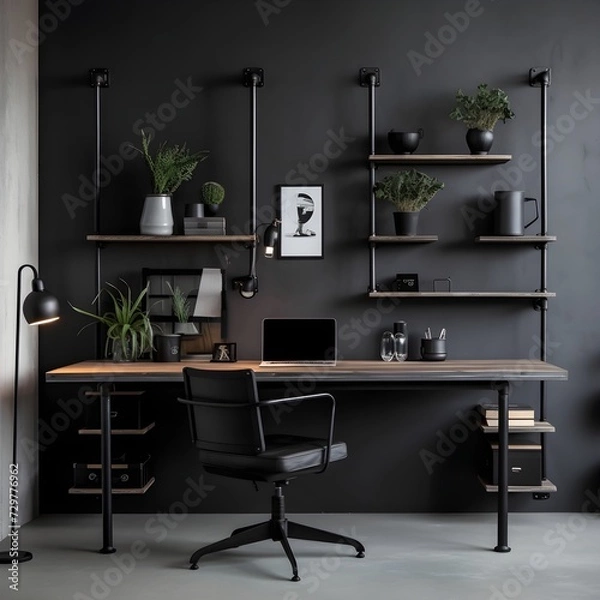 Obraz a minimalist home office with an industrial touch. Picture a desk with clean lines, exposed pipes, and raw concrete walls