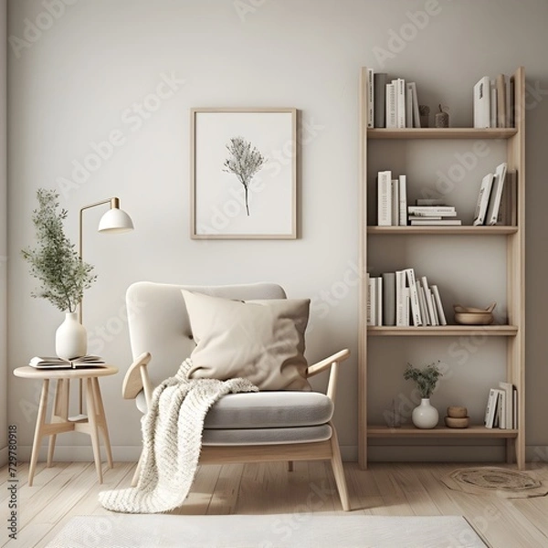 Obraz  a Scandinavian-inspired reading nook designed for serenity. Picture clean lines, light wood furniture, and a cozy reading chair with a neutral-colored throw