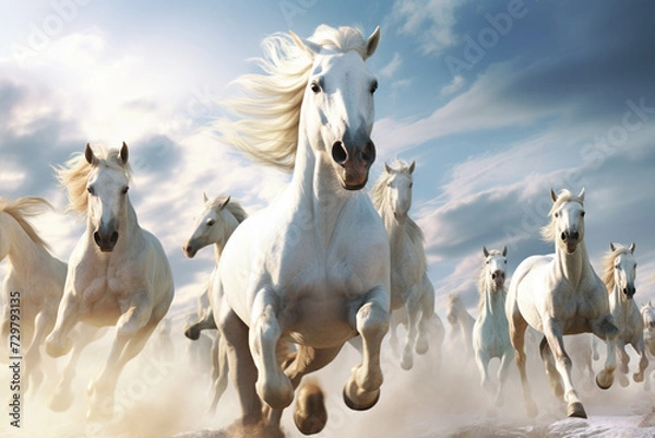 Fototapeta White horses running in the desert. 3d render illustration of horses