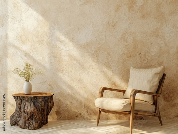Fototapeta A chair in front of a beige wall with a creative work on a wooden stump