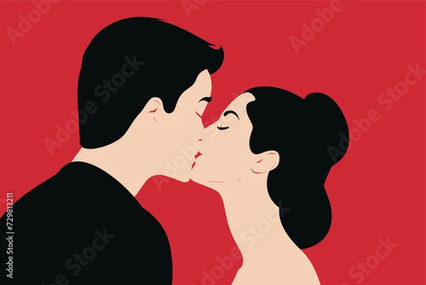 Fototapeta Minimalist charming cute couple looking in love at each other, hugging and kissing. Valentine vibes.